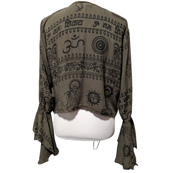 Rhea Womens Size L/XL Olive Green Hindu Ganesh Tie Front Flare Cuff Crop Top - Picture 4 of 11